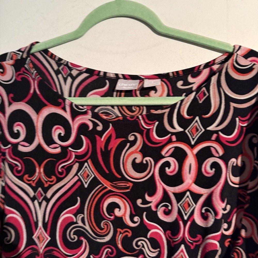 Chicos Travelers Size 3/16 Top Slinky Stretchy Travel Resort Tropical 3/4 Sleeve - Picture 3 of 4